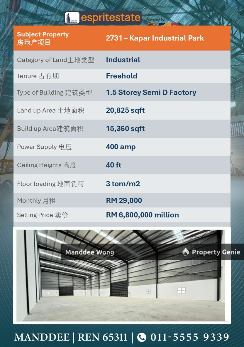 WTS/1.5 STOREY SEMI-D FACTORY/15,360 SQFT/6.8MIL/KAPAR INDUSTRIAL PARK/SELANGOR