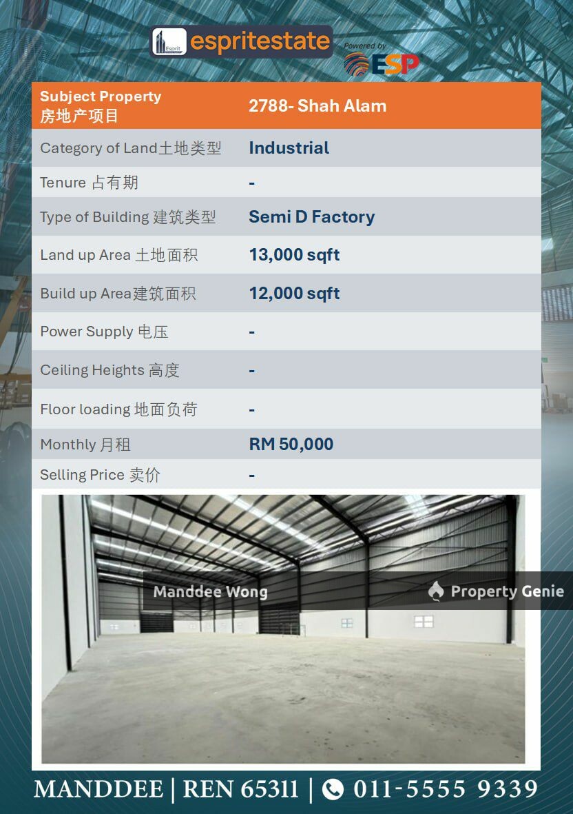 WTR/SEMI DETACHED FACTORY/12K SQFT/50K/SHAH ALAM