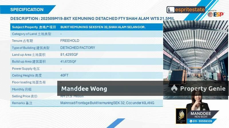 WTS/DETACHED FACTORY/41,672 SQFT/21.5 MIL/SEKSYEN 32/SHAH ALAM