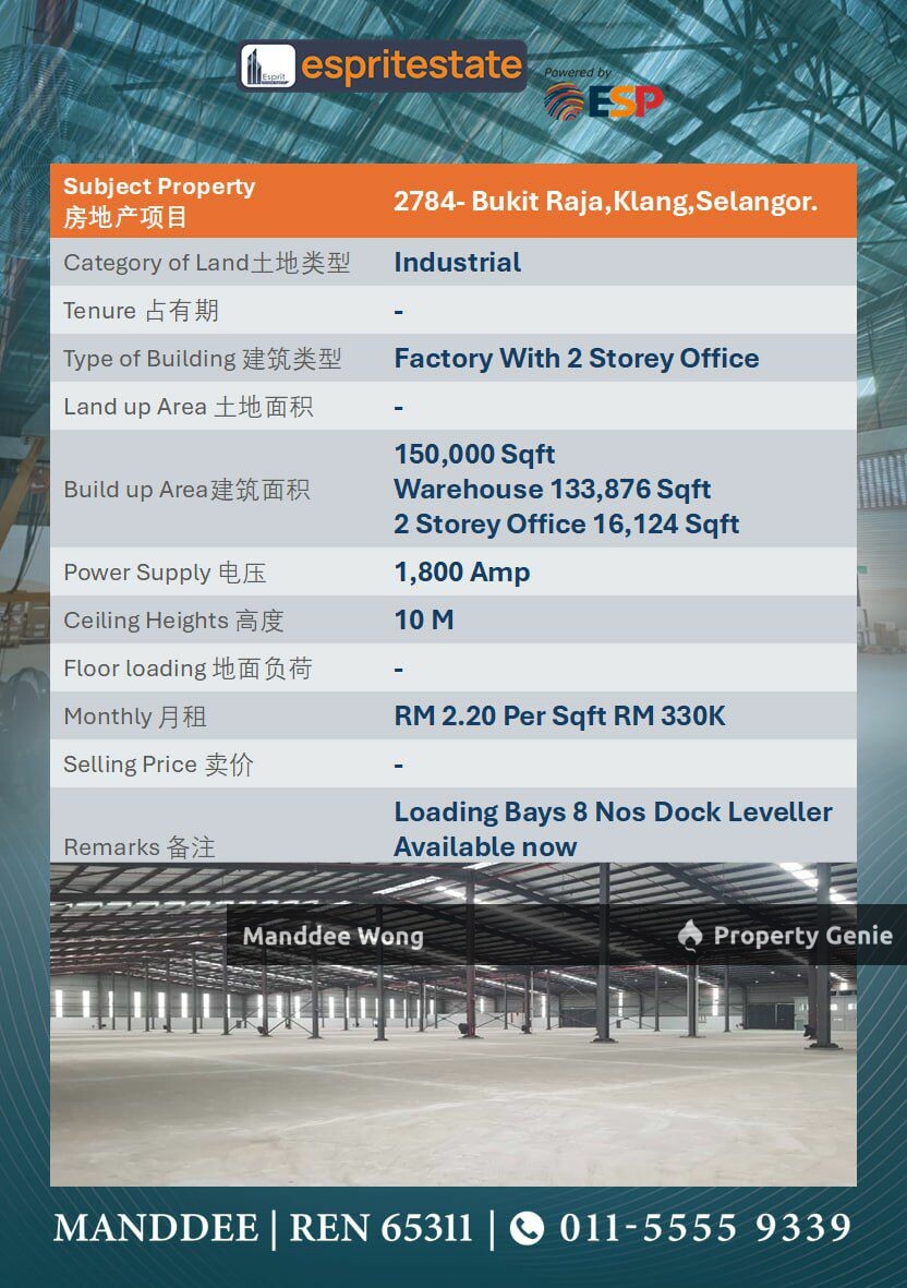 WTR/FACTORY WITH 2 STOREY OFFICE/150K SQFT/330K/KLANG/SELANGOR