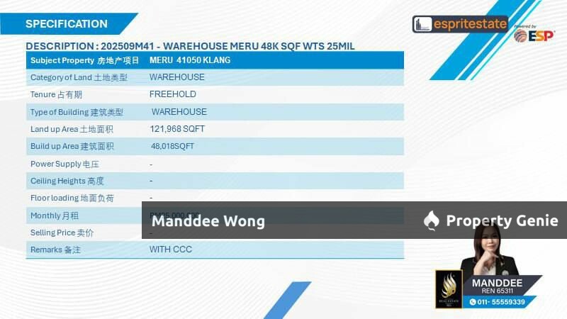 WTS/WAREHOUSE/48,018 SQFT/25 MIL/MERU/KLANG