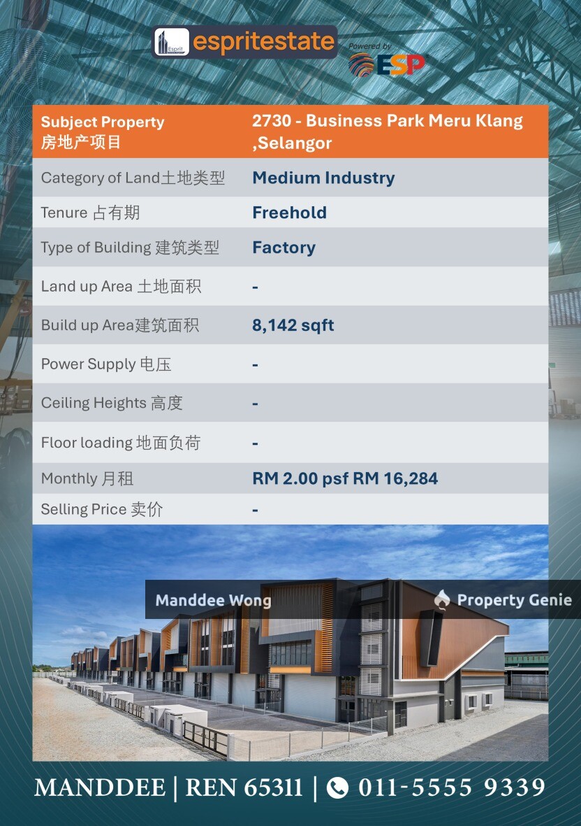 WTR/MEDIUM INDUSTRY/8,142 SQFT/16,284/BUSINESS PARK/MERU KLANG