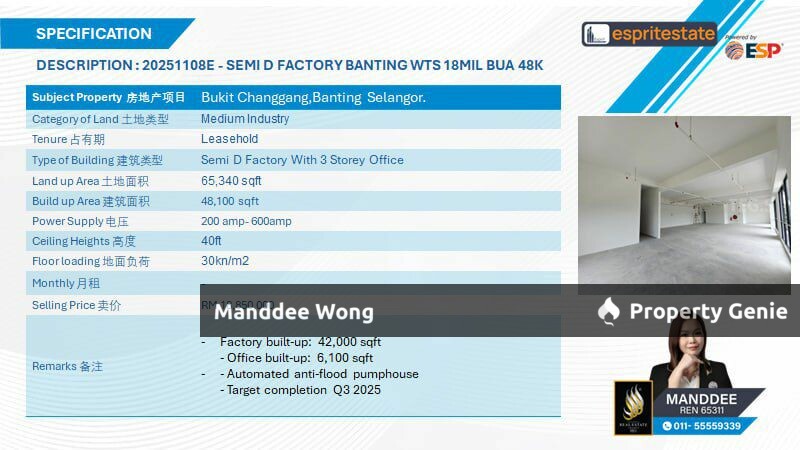 WTS/SEMI-D FACTORY/3 STOREY OFFICE/48,100 sqft/18,850,00/BANTING