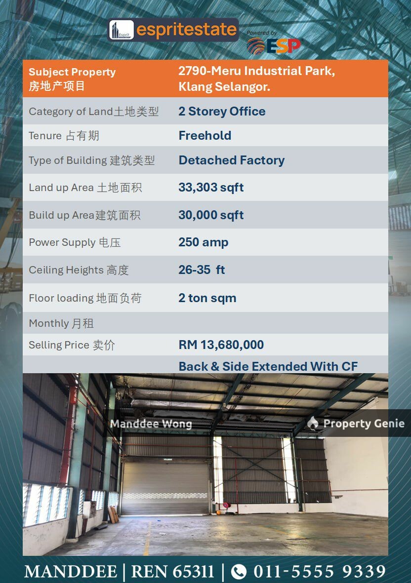 WTS/DETACHED FACTORY WITH 2 STOREY OFFICE/30K SQFT/13.680MIL/MERU/KLANG