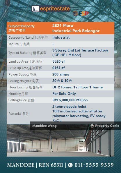 WTS/3 STOREY END LOT TERRACE FACTORY/9,161 SQFT/5.3MIL/MERU INDUSTRIAL PARK
