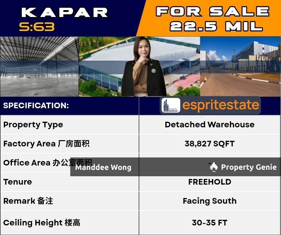 WTS/DETACHED WAREHOUSE/38,827 SQFT/22.5MIL/KAPAR/KLANG