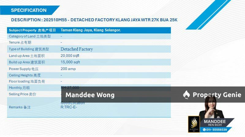 WTR/DETACHED FACTORY/15K SQFT/27K/TAMAN KLANG JAYA/KLANG
