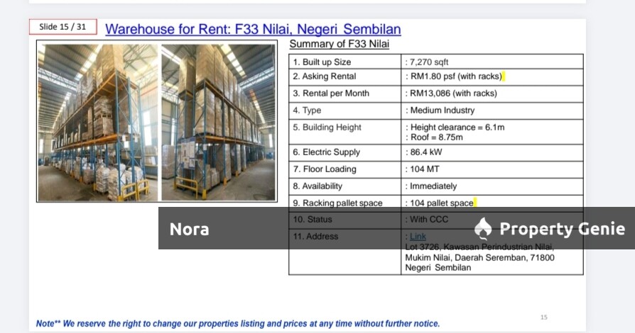 Nilai, Warehouse for Rent