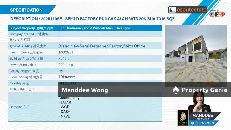 WTR/BRAND NEW SEMI-D FACTORY/7,016 SQFT/20K/ECO BUSINESS PARK V/PUNCAK ALAM