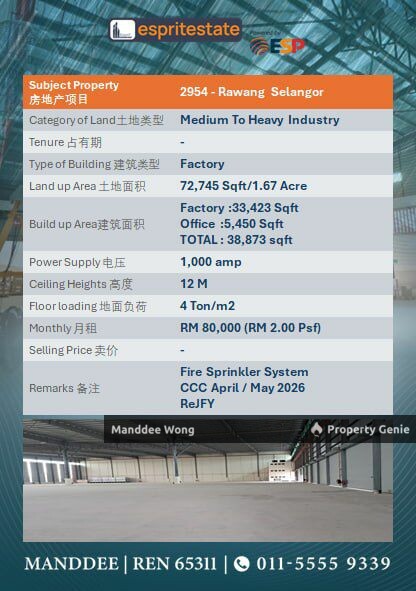 WTR/MEDIUM TO HEAVY INDUSTRY/38,873 SQFT/80K/RAWANG/SELANGOR