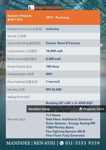 WTR/CORNER SEMI DETACHED FACTORY/8,500 SQFT/25K/PUCHONG/SELANGOR
