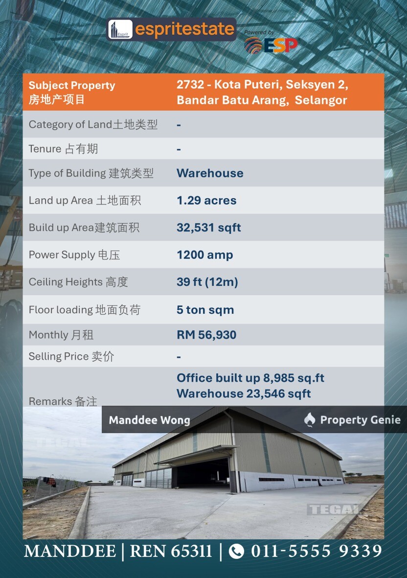 WTR/WAREHOUSE/32,531 SQFT/56,930/BANDAR BATU ARANG/SELANGOR