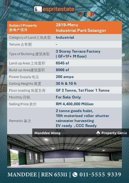 WTS/3 STOREY TERRACE FACTORY/8,006 SQFT/4.4MIL/MERU INDUSTRIAL PARK/SELANGOR