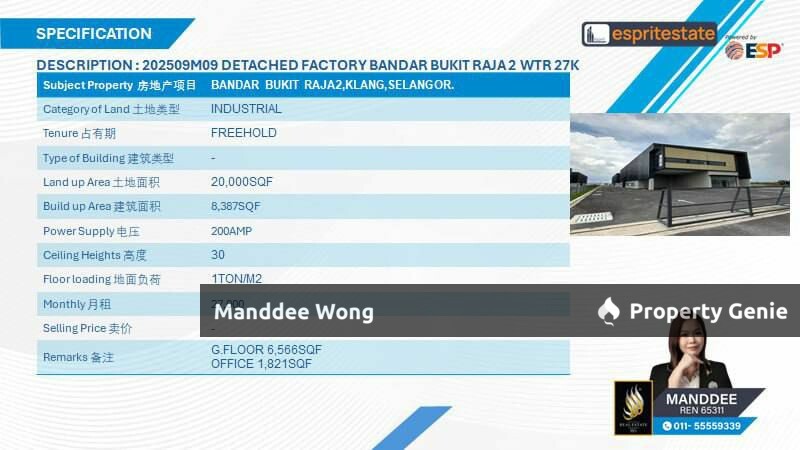 WTR/DETACHED FACTORY/8387 SQFT/27K/BANDAR BUKIT RAJA 2/KLANG