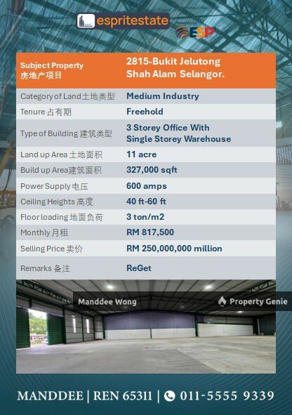 WTS/WAREHOUSE WITH 3 STOREY OFFICE/327K SQFT/250MIL/BUKIT JELUTONG/SHAH ALAM