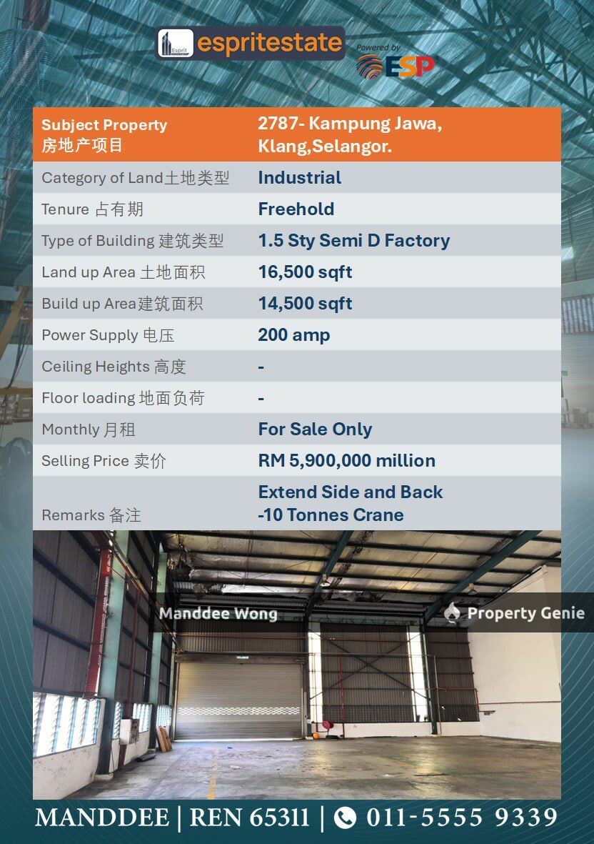 WTS/1.5 STOREY SEMI-D FACTORY/14,500 SQFT/5.9MIL/KAMPUNG JAWA/KLANG/SELANGOR