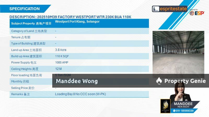 WTR/FACTORY/110K SQFT/230,100/WESTPORT/PORT KLANG