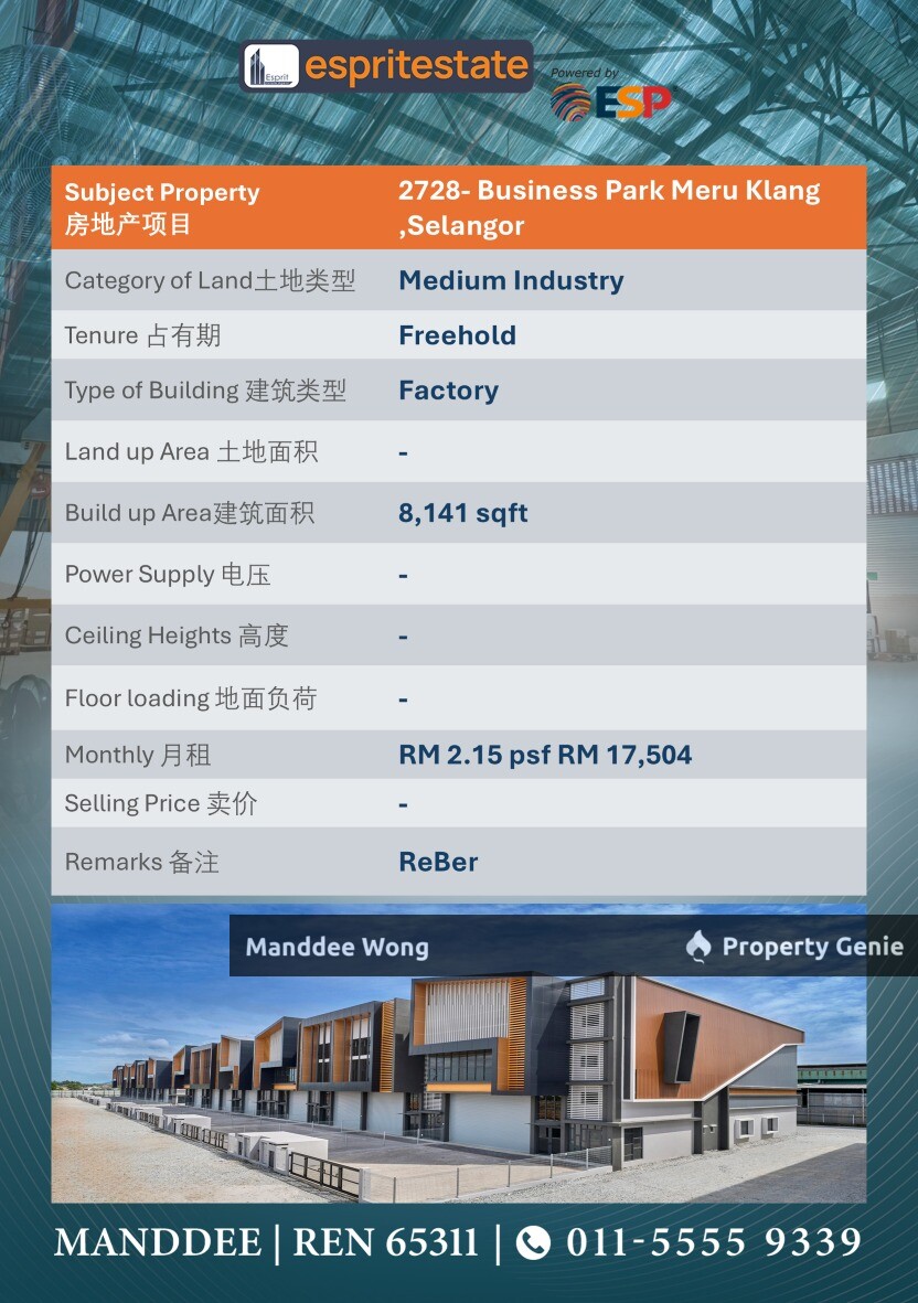 WTR/MEDIUM INDUSTRY/8,141 SQFT/17,504/BUSINESS PARK/MERU KLANG