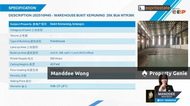 WTR/WAREHOUSE/20K SQFT/36K/BUKIT KEMUNING/SHAH ALAM