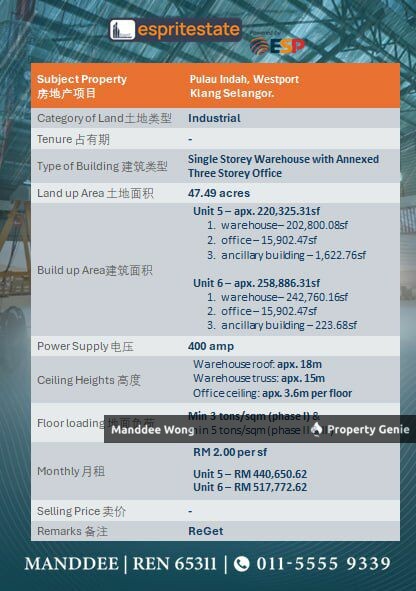 WTR/WAREHOUSE WITH 3 STOREY OFFICE/220,325 SQFT/440,650/PULAU INDAH/WEST PORT/KLANG