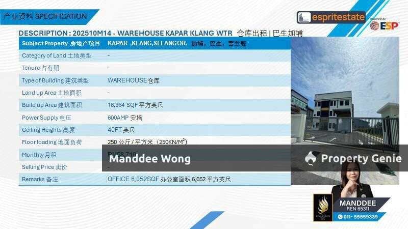 WTR/WAREHOUSE/18,364 SQFT/58,710/KAPAR/KLANG