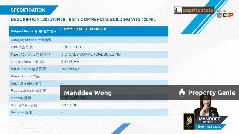 WTS/6 STOREY COMMERCIAL BUILDING/107,660 SQFT/120 MIL/ KL CITY