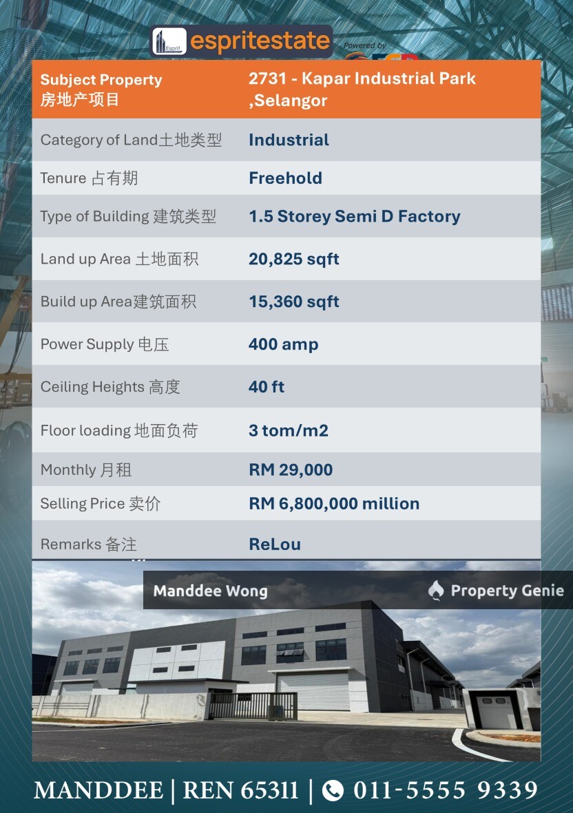 WTR/1.5 STOREY SEMI DETACHED/15,360 SQFT/29K/KAPAR INDUSTRIAL PARK/SELANGOR