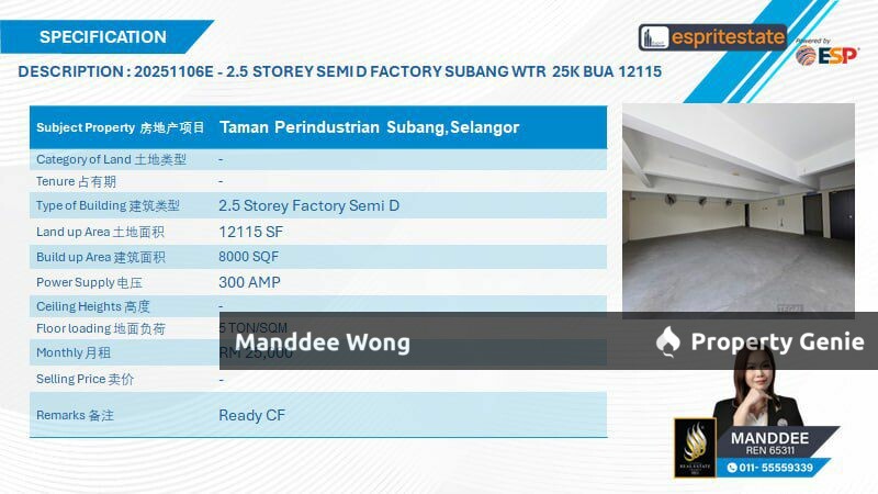 WTR/2.5 STOREY SEMI-D FACTORY/8K SQFT/25K/TAMAN PERINDUSTRIAN SUBANG