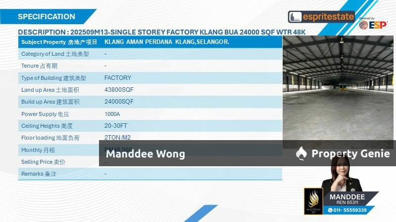 WTR/SINGLE STOREY DETACHED FACTORY/24K SQFT/48K/KLANG AMAN PERDANA