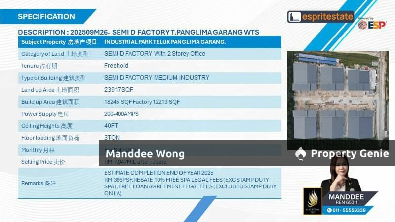 WTS/SEMI-D FACTORY/18,245 SQFT/7.047 MIL/INDUSTRIAL PARK/TELUK PANGLIMA GARANG