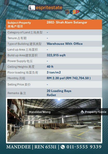 WTR/WAREHOUSE WITH OFFICE/322,915 SQFT/742,704/SHAH ALAM