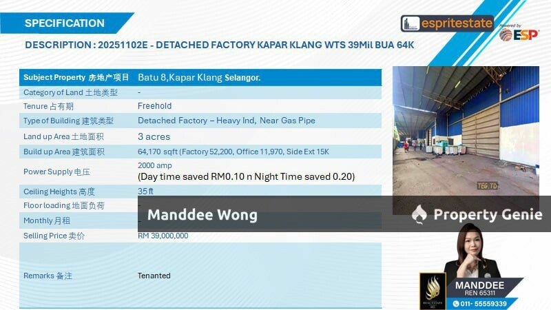 WTS/DETACHED FACTORY/64,170 SQFT/39MIL/KAPAR/KLANG