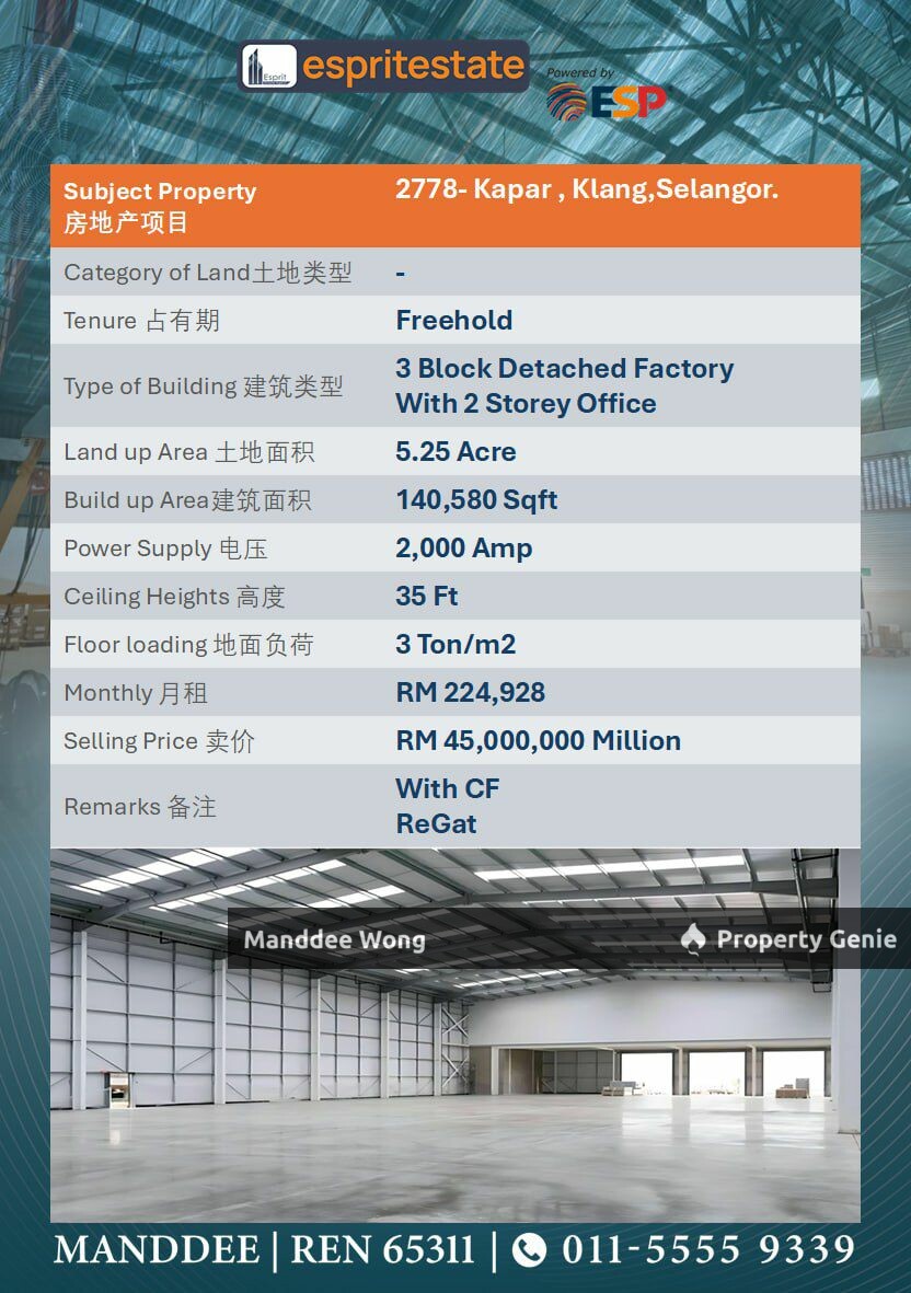 WTS/3 BLOCK DETACHED FACTORY WITH 2 STOREY OFFICE/140,580 SQFT/45MIL/KAPAR/SELANGOR