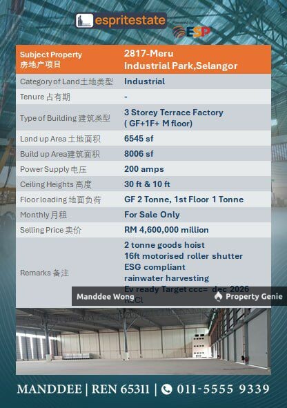 WTS/3 STOREY TERRACE FACTORY/8,006 SQFT/4.6MIL/MERU INUSTRIAL PARK/SELANGOR