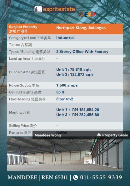 WTR/FACTORY WITH 2 STOREY OFFICE/79,818 SQFT/151,654/NORTHPORT/KLANG