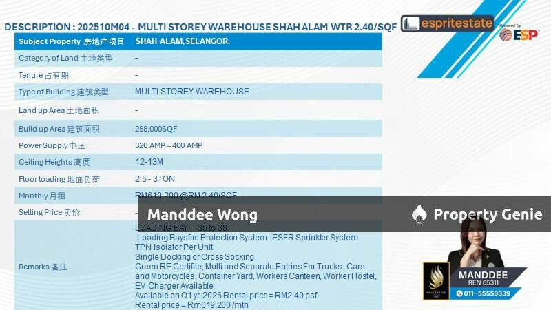 WTR/MULTI STOREY WAREHOUSE/258K SQFT/619,200/SHAH ALAM