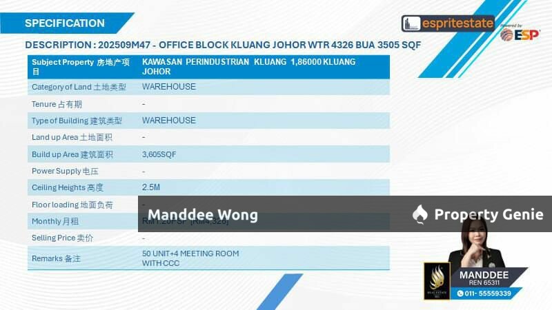 WTR/WAREHOUSE/3,505 SQFT/4,326/KLUANG 1/JOHOR