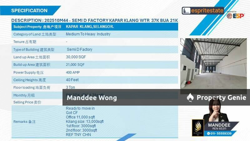 WTR/SEMI DETACHED FACTORY/21K SQFT/37K/KAPAR/KLANG