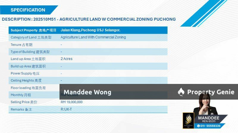 WTR/AGRICULTURE LAND/2 ACRE/43K/PUCHONG