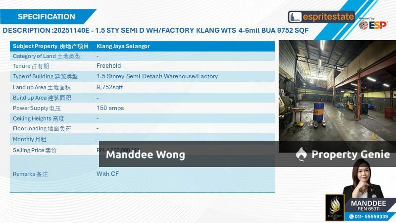 WTS/1.5 STOREY SEMI-D WAREHOUSE/FACTORY/9,752 SQFT/4.6MIL/KLANG JAYA/SELANGOR